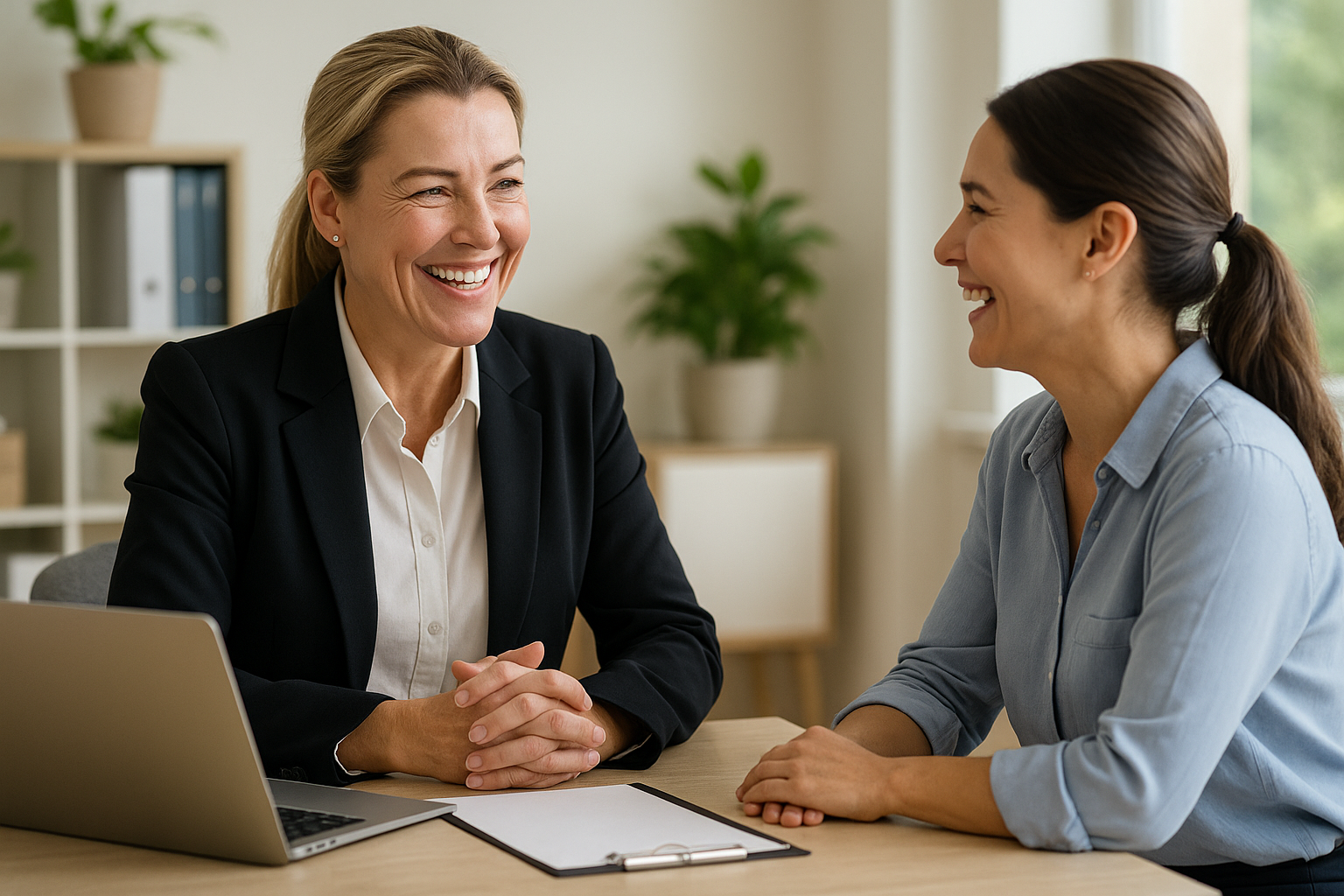 Two smiling True Dignity Care colleagues talking
