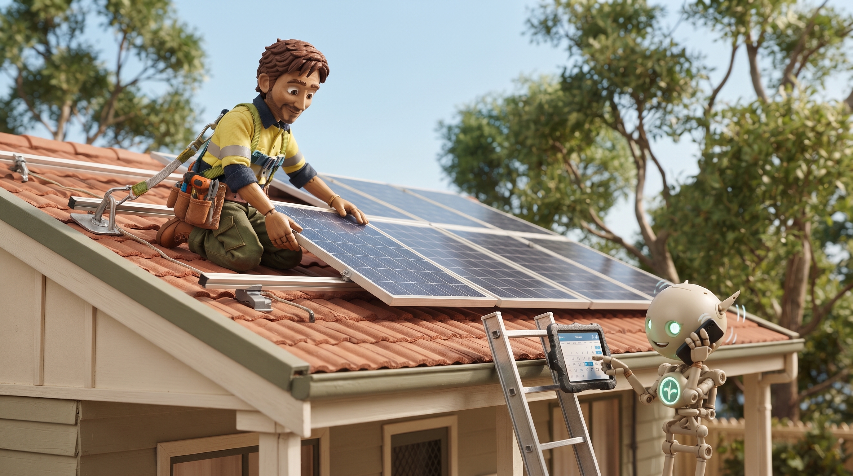 Puppet tradie Connor installs solar panels on a roof while Nexus Bot answers his phone and books in a customer Puppet tradie Connor installs solar panels on a roof while Nexus Bot answers his phone and books in a customer