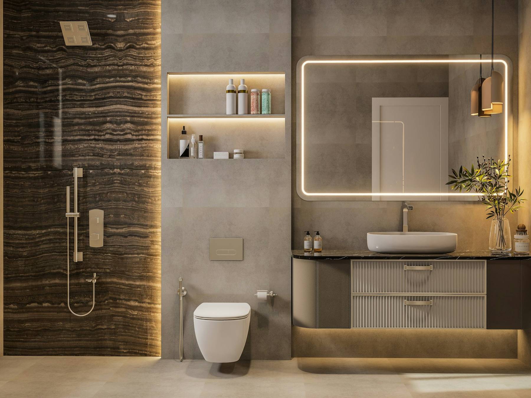 Modern bathroom with LED mirror, floating vanity and walk-in shower (stock photo)