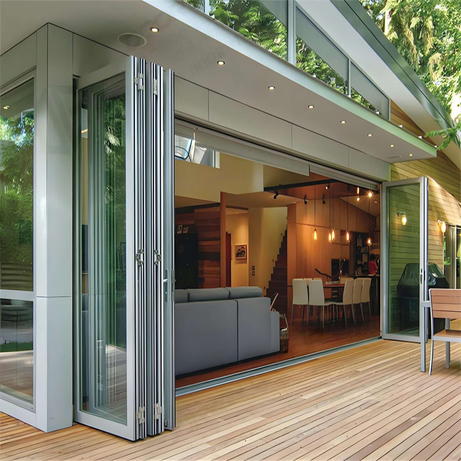 Rear house extension with bifold doors open onto a timber deck (stock photo)