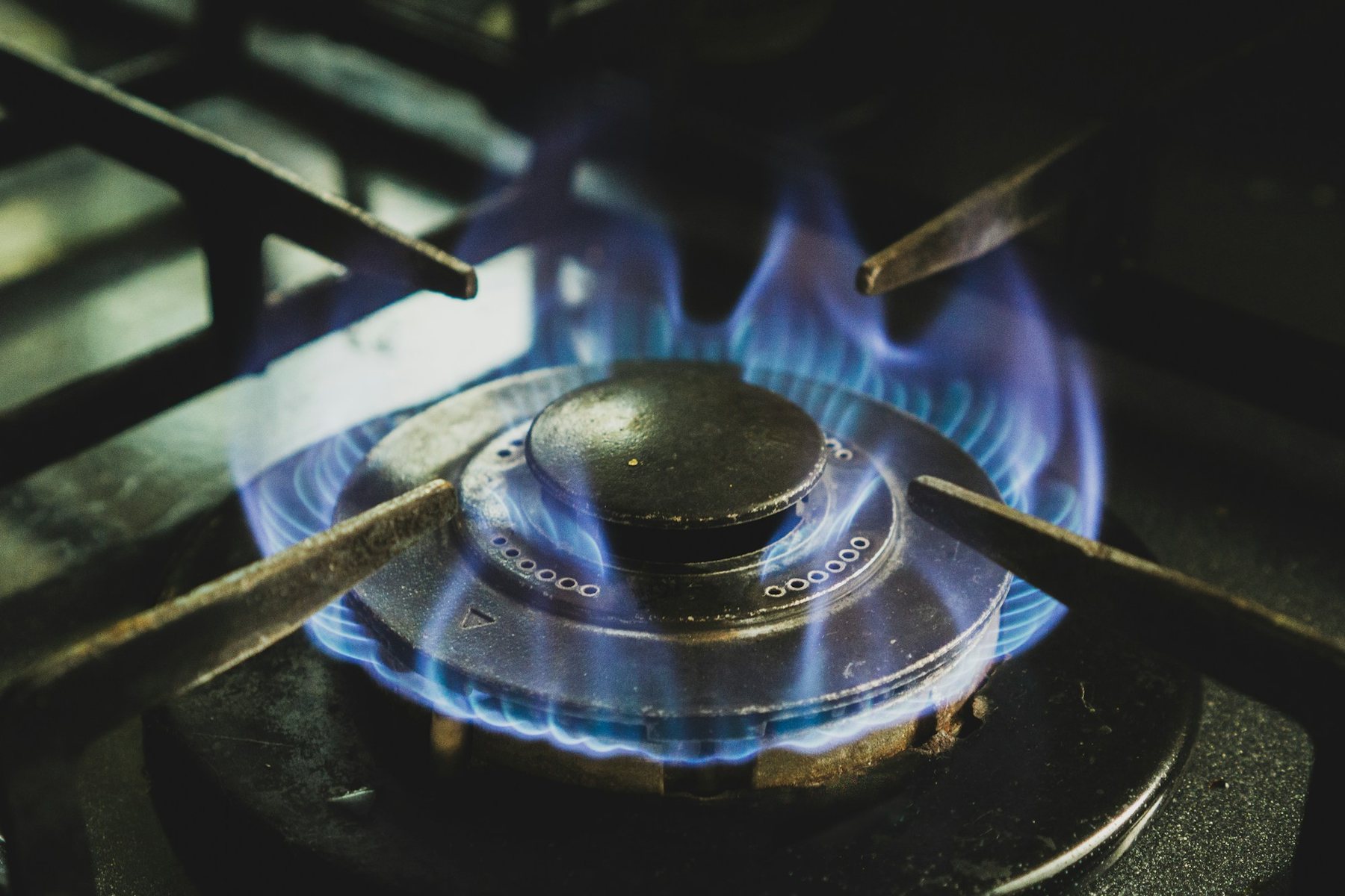 Lit gas hob burner with an even blue flame (stock photo)
