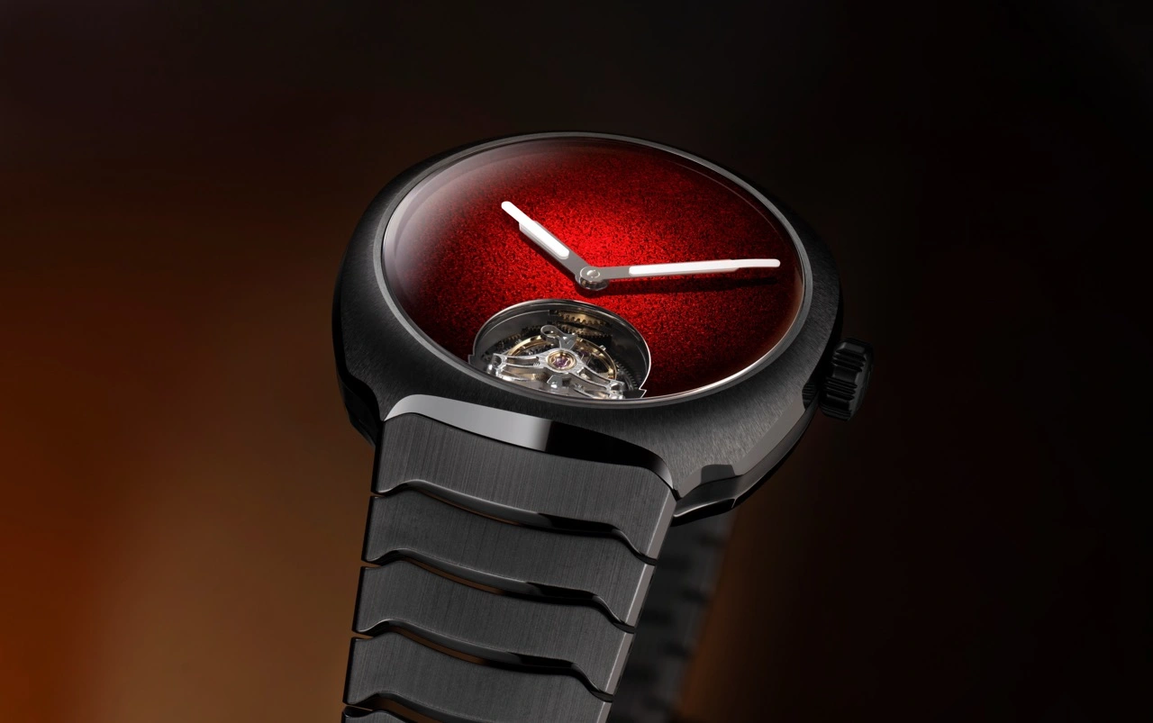 Profile view of the H. Moser & Cie. Streamliner Tourbillon Concept Ceramic highlighting the cushion case in anthracite grey ceramic