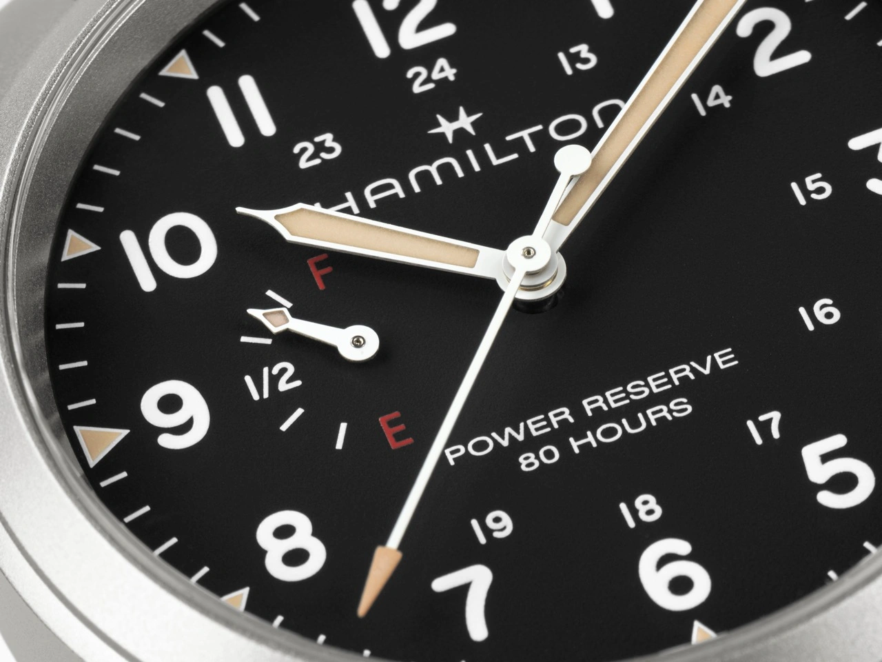 Hamilton Khaki Field Power Reserve Mechanical on NATO strap highlighting sandblasted case and vintage lume