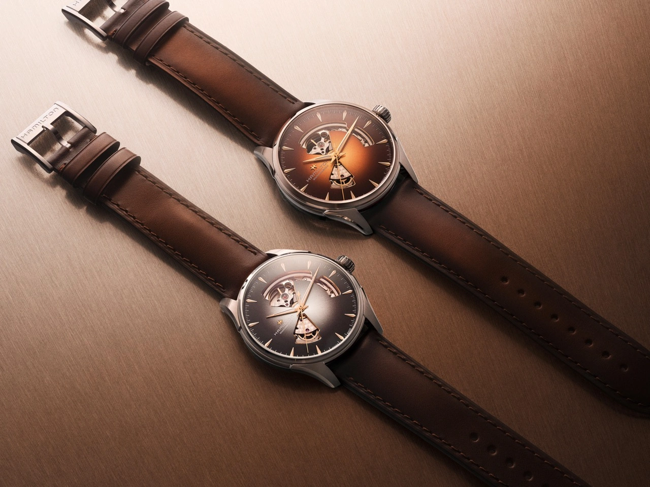 Hamilton Jazzmaster Open Heart with smoky dial revealing the H-10 automatic movement