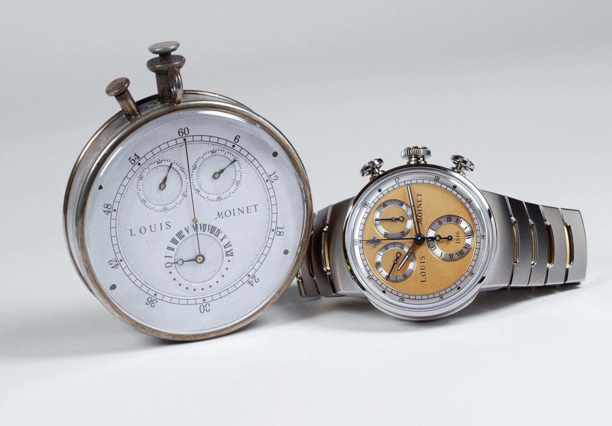 Close-up of the Louis Moinet 1816 Chronograph Champagne Edition dial with Roman numeral hour totaliser