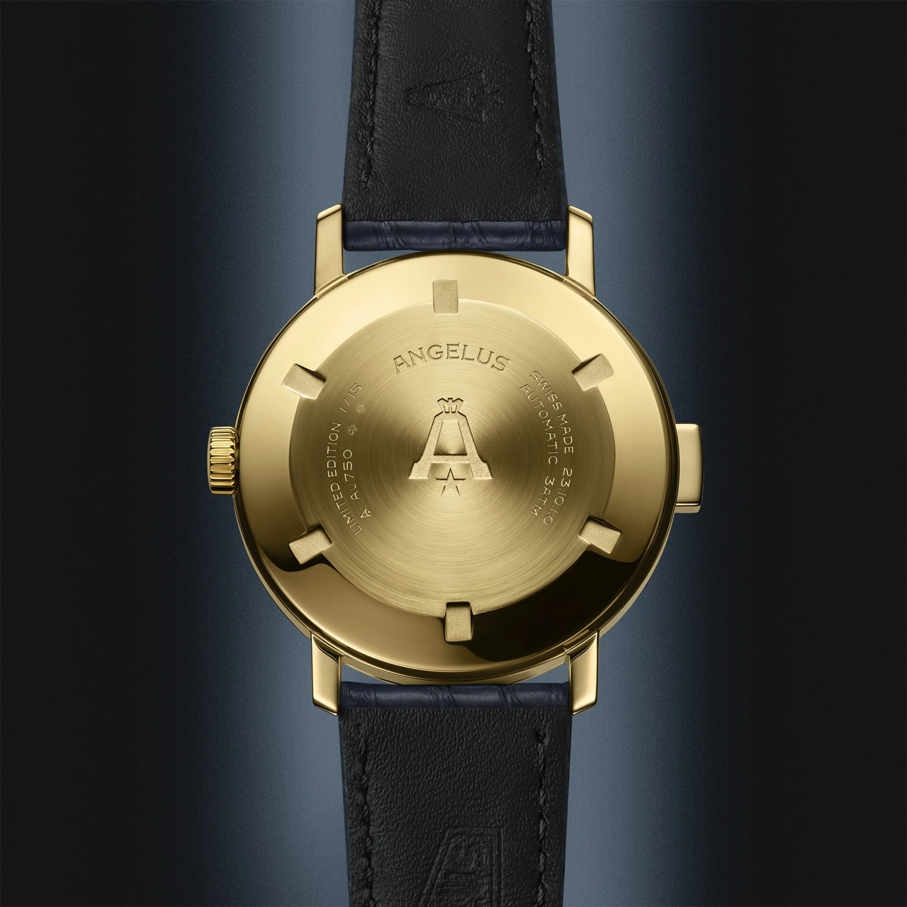 Caseback and movement view of the Angelus Tinkler 1958 highlighting the A600 calibre finishing and oscillating weight