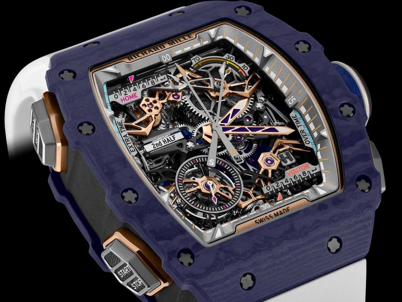 Side view of the Richard Mille RM 41-01 Tourbillon Soccer showing tonneau case and pushers
