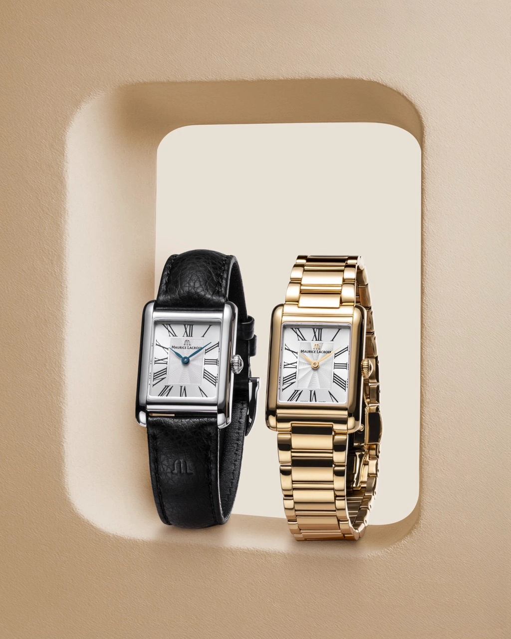 Profile view of the Maurice Lacroix FIABA Square highlighting the slim rectangular case and stainless steel bracelet