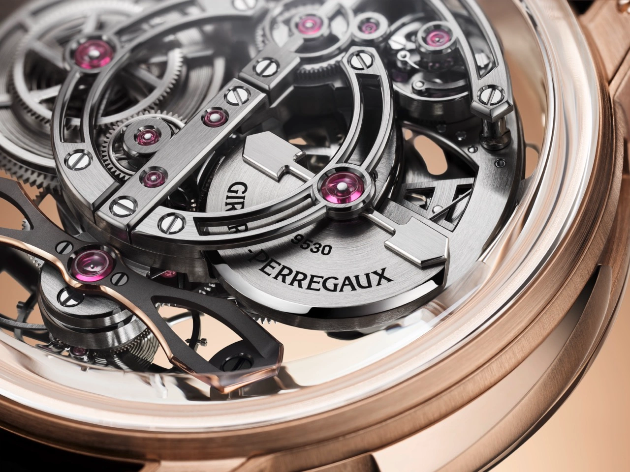 Close-up of the openworked GP9530 calibre with minute repeater and tourbillon
