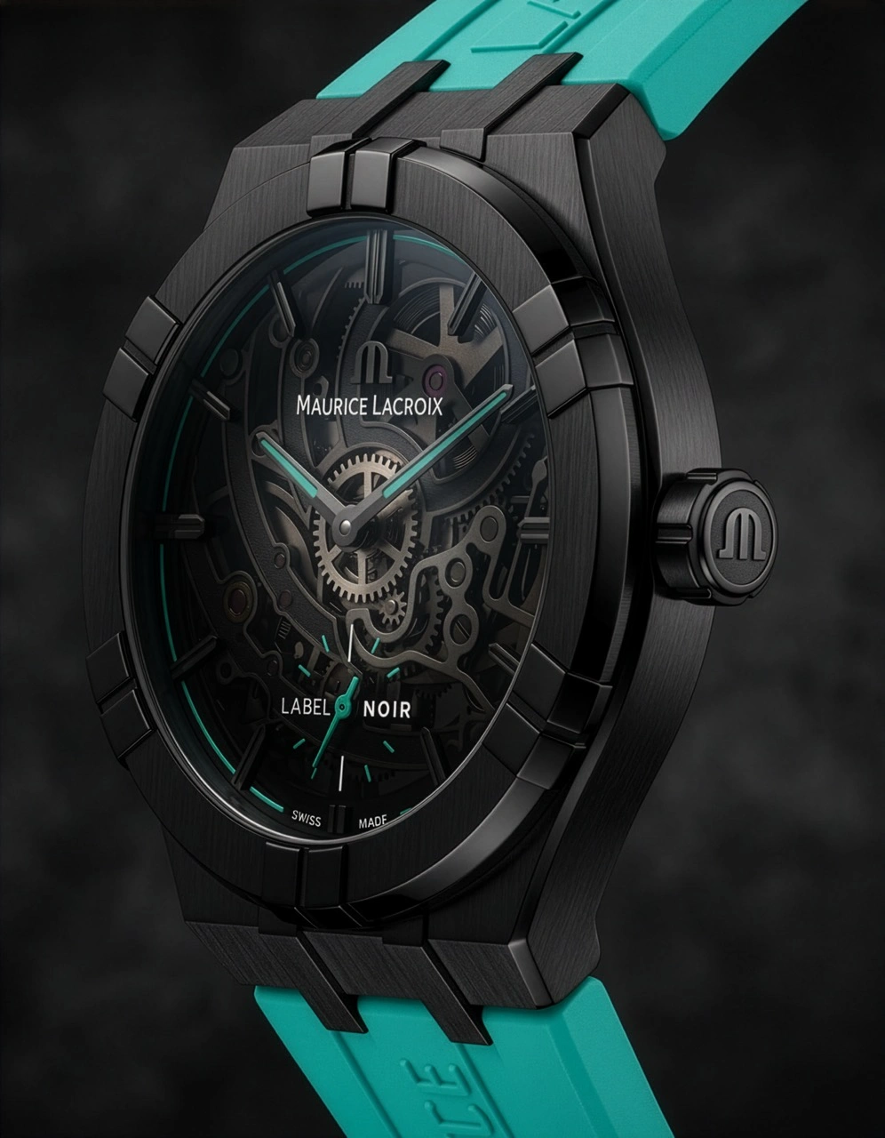 Close-up of the ML234 manufacture skeleton movement in the Maurice Lacroix AIKON Automatic Label Noir