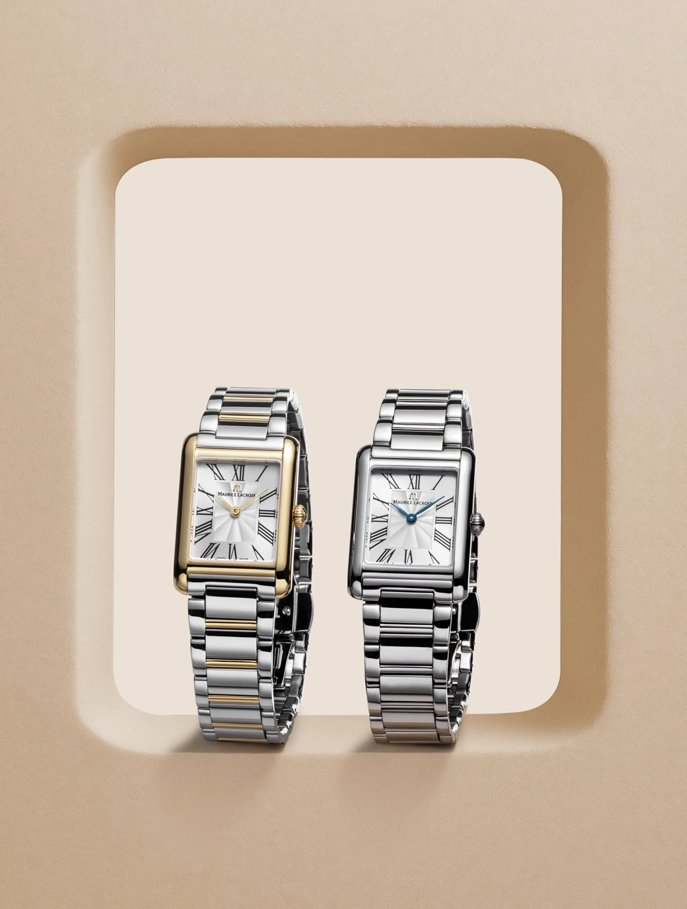 Maurice Lacroix FIABA Square models in steel and PVD gold showing the pebble inspired rectangular case and flinqué dial