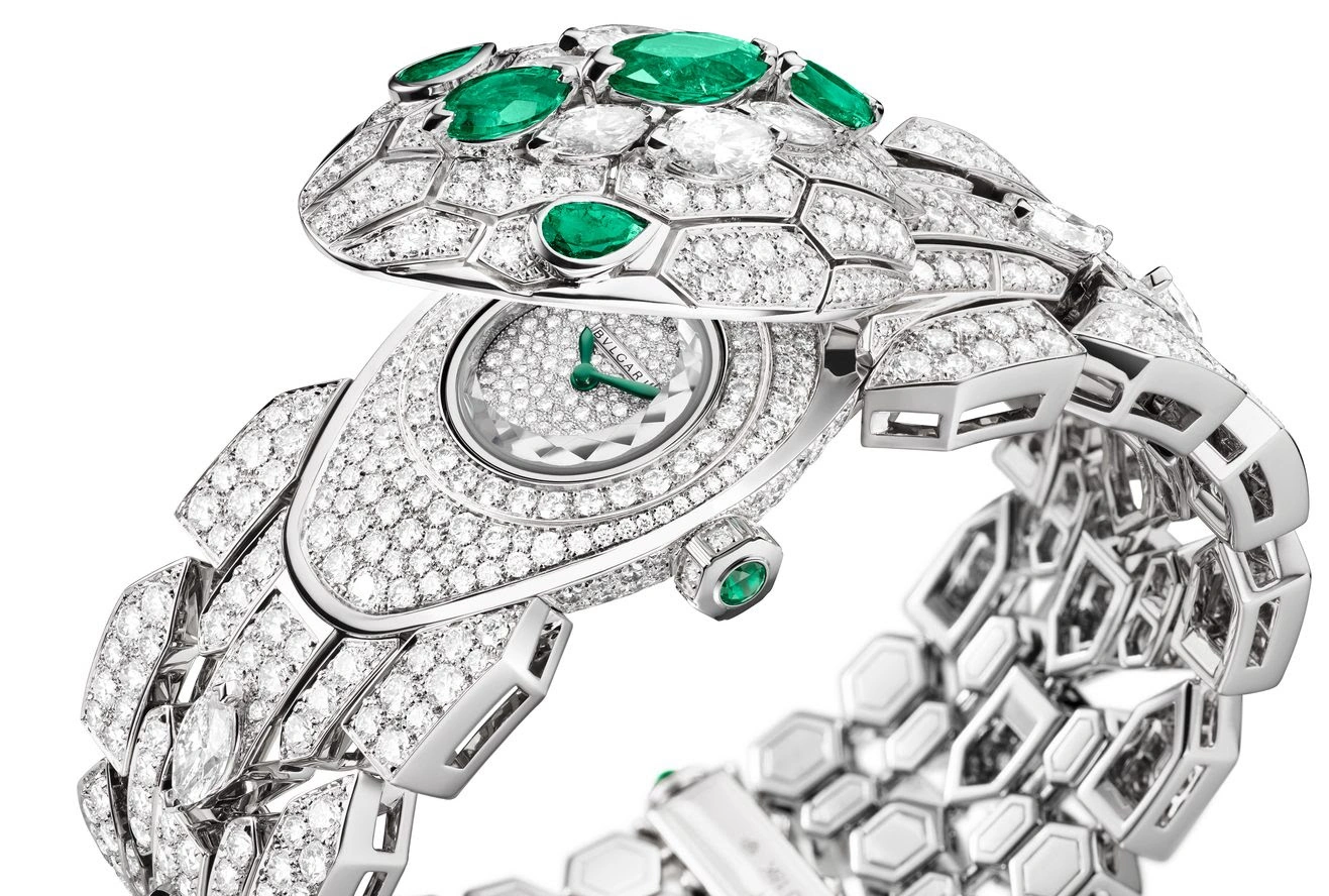 Detail of Bvlgari Eclettica high-jewelry watch showcasing gemstones and sculptural forms