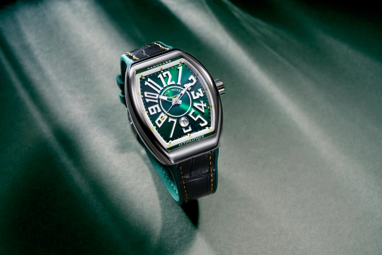 Dial close-up of the Franck Muller Vanguard Sport showing guilloché sun pattern and hand-painted numerals