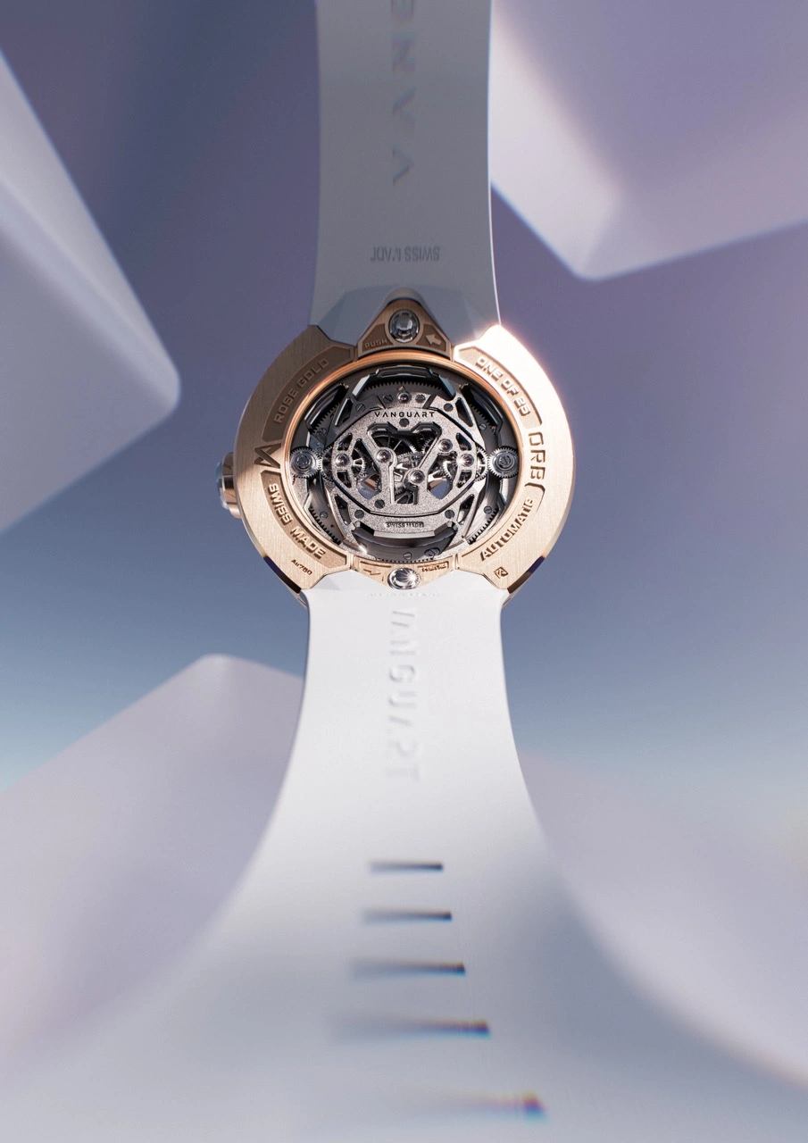 Caseback view of Vanguart Orb highlighting the curved architecture and quick-release strap system