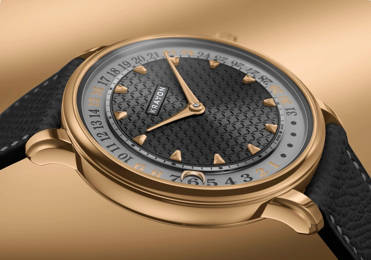 Side and dial view of the Krayon Anyday rose gold highlighting the colour-coded calendar ring