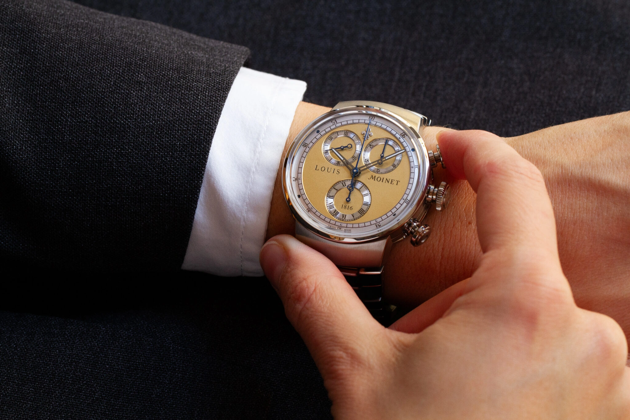 Louis Moinet 1816 Chronograph Champagne Edition with titanium bracelet highlighting champagne intermediate links