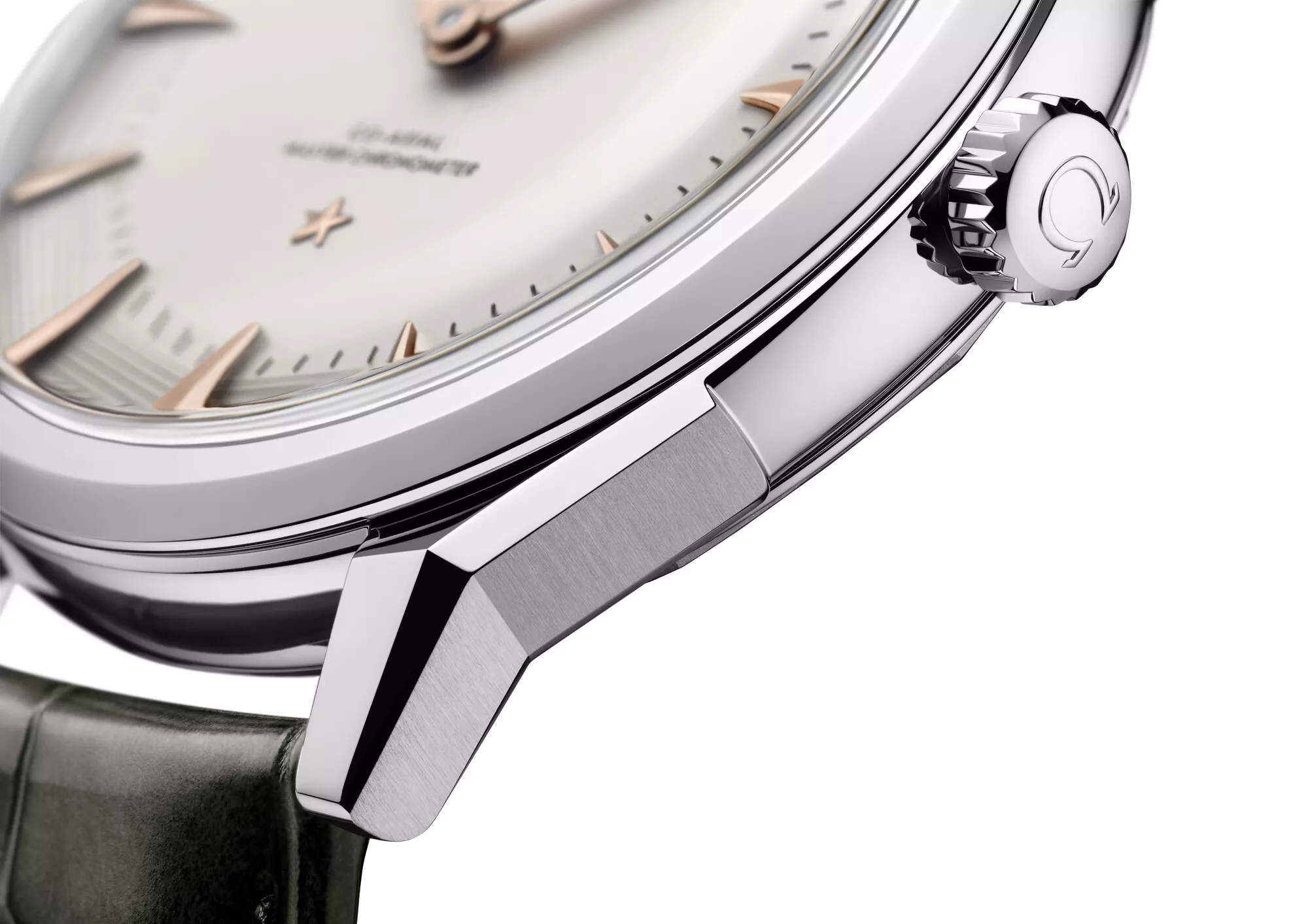 Close-up of the OMEGA Constellation Observatory showing brick-pattern bracelet and dog-leg lugs
