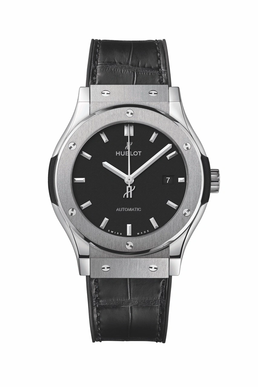 Portrait of Arnas Fedaravičius wearing a Hublot Classic Fusion Titanium 42mm