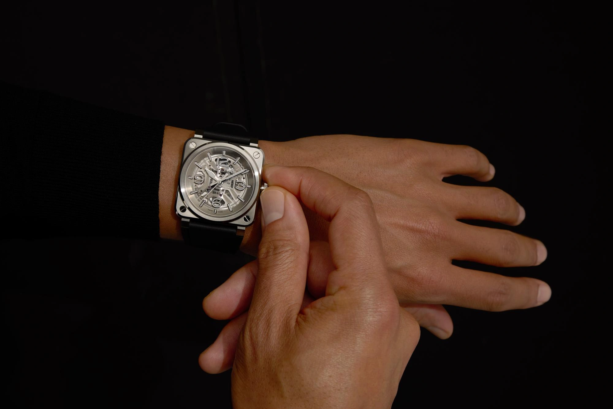 Bell & Ross BR-03 Skeleton Steel showing transparent skeleton dial and steel case on rubber strap