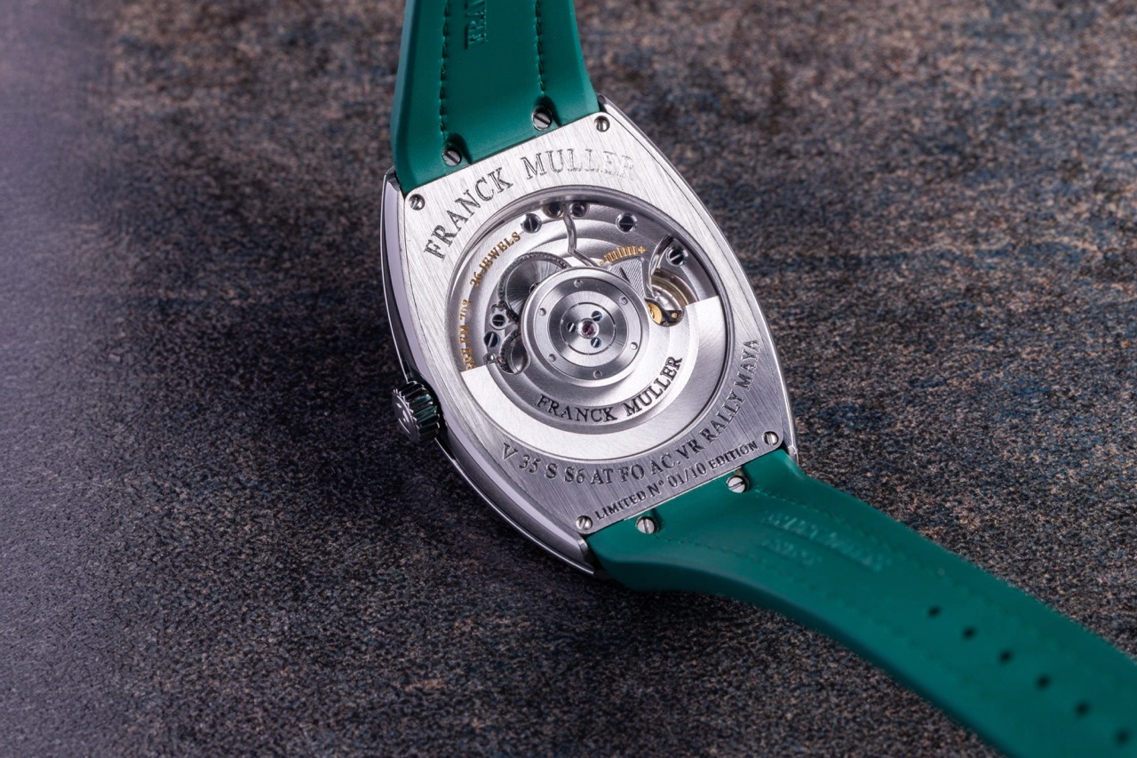 Franck Muller Vanguard Slim Rally Maya México 2026 watch with deep green guilloché dial on nylon strap
