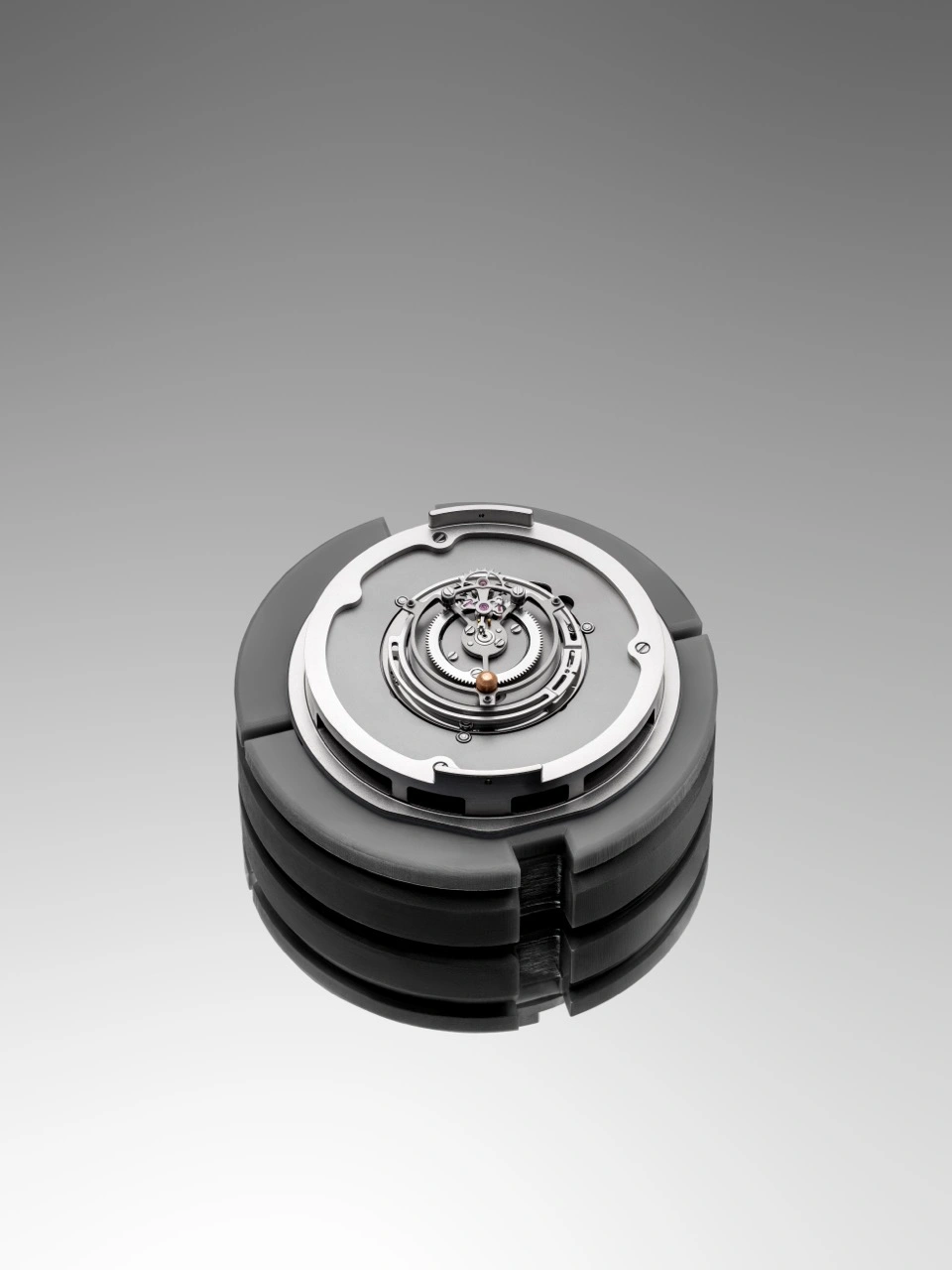 Close-up of the Kerbedanz Maxima GR8 39mm ceramic case and openworked dial with central tourbillon