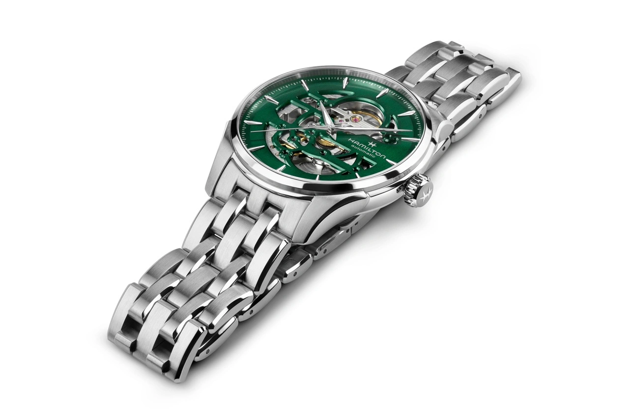 Side profile of the Hamilton Jazzmaster Skeleton 40mm in Empire Green highlighting the 40mm stainless steel case and sapphire crystal