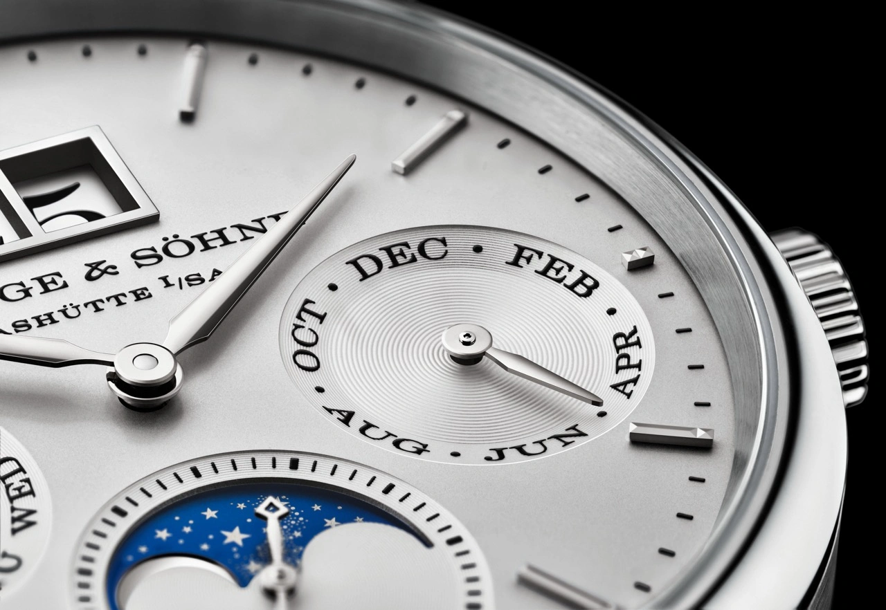 Close view of the Saxonia Annual Calendar dial showing azurage finishing and reworked baton appliques