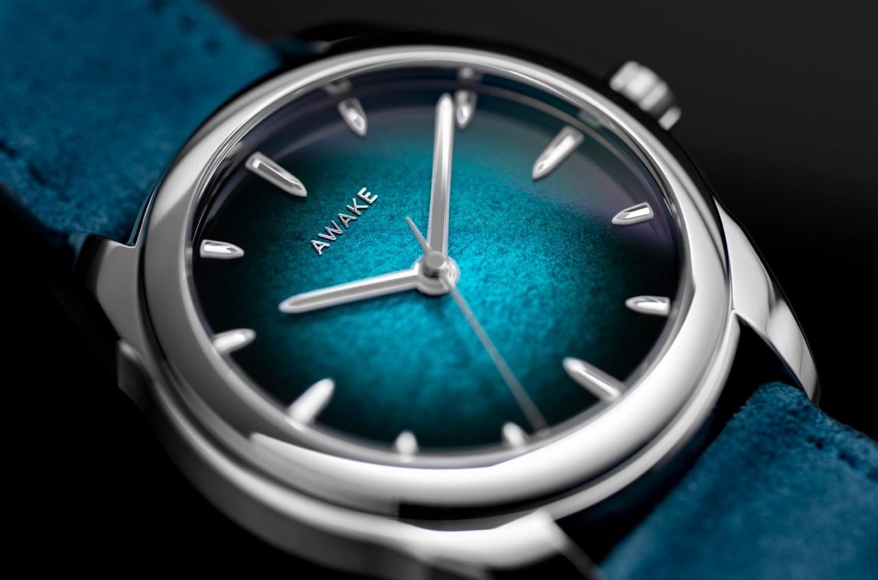 AWAKE Sơn Mài Silver Leaf Atlantis Blue watch with handcrafted Vietnamese lacquer dial
