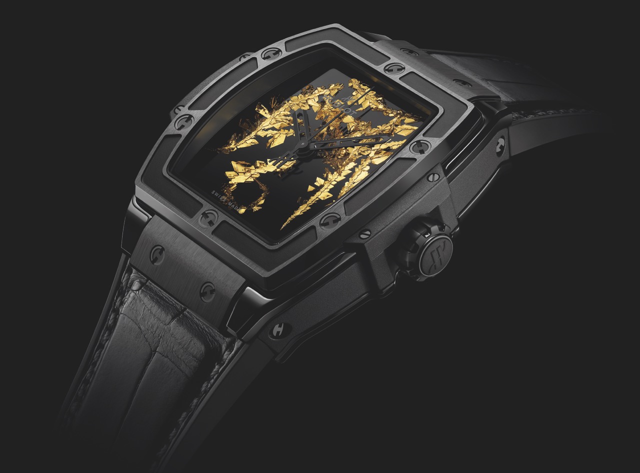 Detail of the Hublot Spirit of Big Bang Gold Crystal showing 24-carat gold crystals on black lacquer