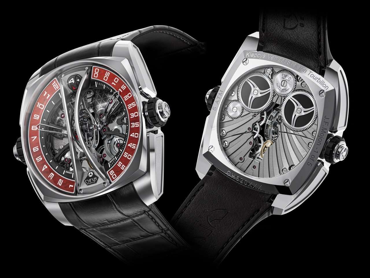 Cyrus Klepcys Vertical Tourbillon Jasper showing titanium case and sculptural jasper retrograde displays