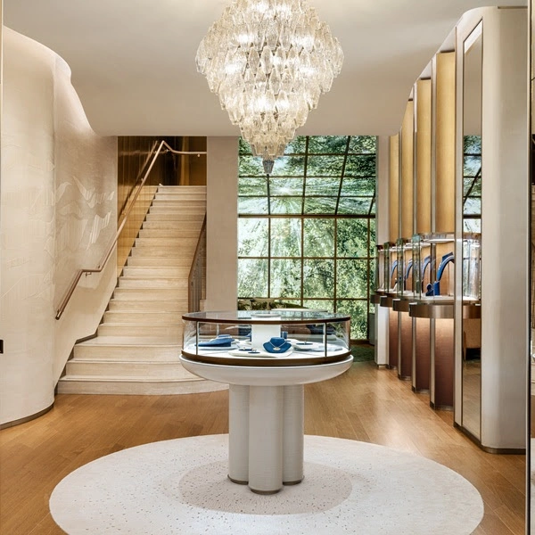 The Gallery at De Beers Paris flagship with chandelier of octahedral prisms
