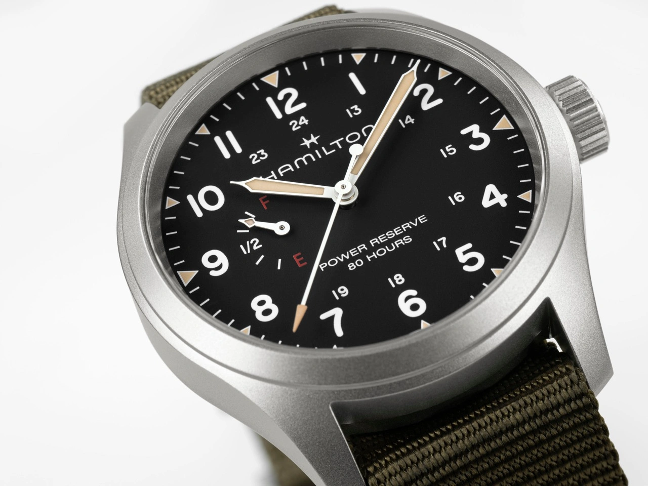 Close-up of the Hamilton Khaki Field Power Reserve dial showing 80-hour power reserve scale in red