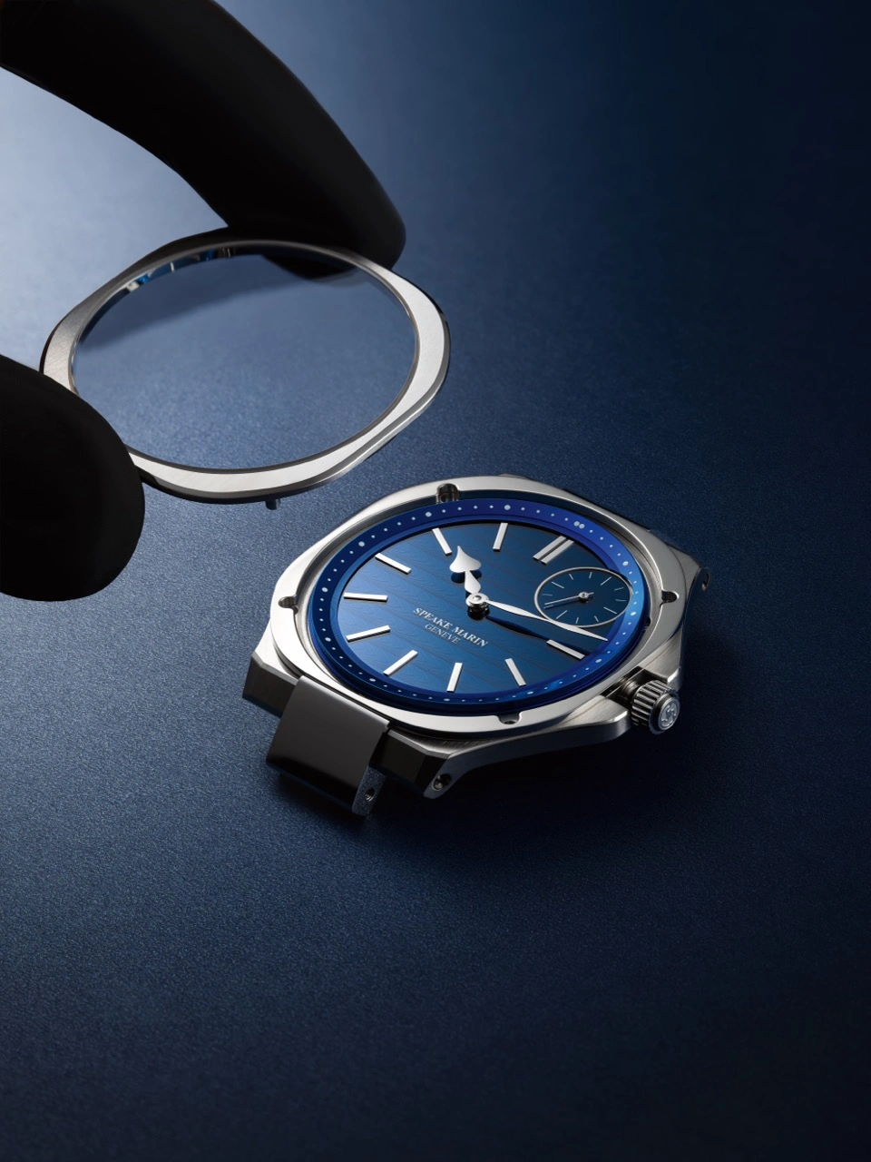 Close-up of the Speake Marin Ripples Kármán Line blue sapphire dial with Geneva stripes and small seconds at 1:30