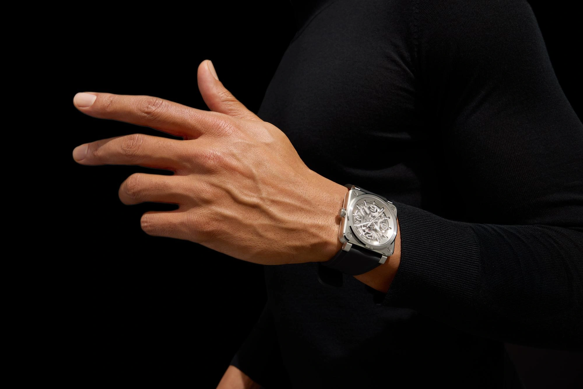Bell & Ross BR-03 Skeleton Steel with black rubber and synthetic fabric straps and steel pin buckle