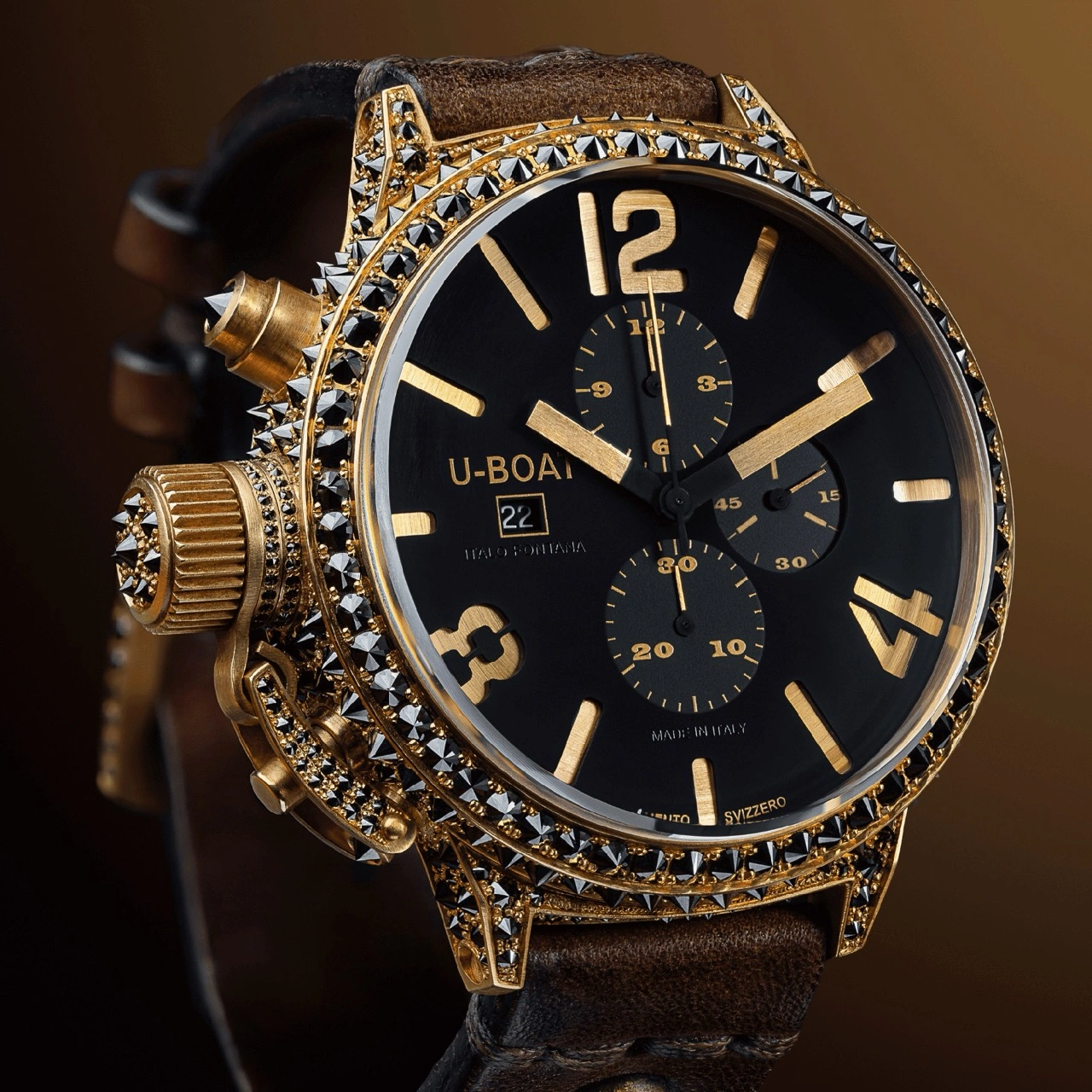 U-BOAT Black Widow 52 mm 18k gold case with upside-down black diamonds