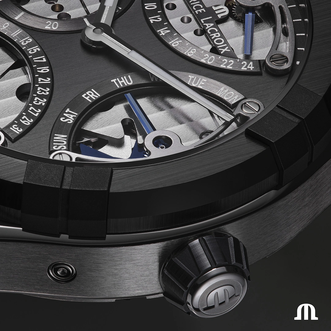 Maurice Lacroix AIKONIC Master Triple Retrograde showing the anthracite dial with triple retrograde indications and small seconds