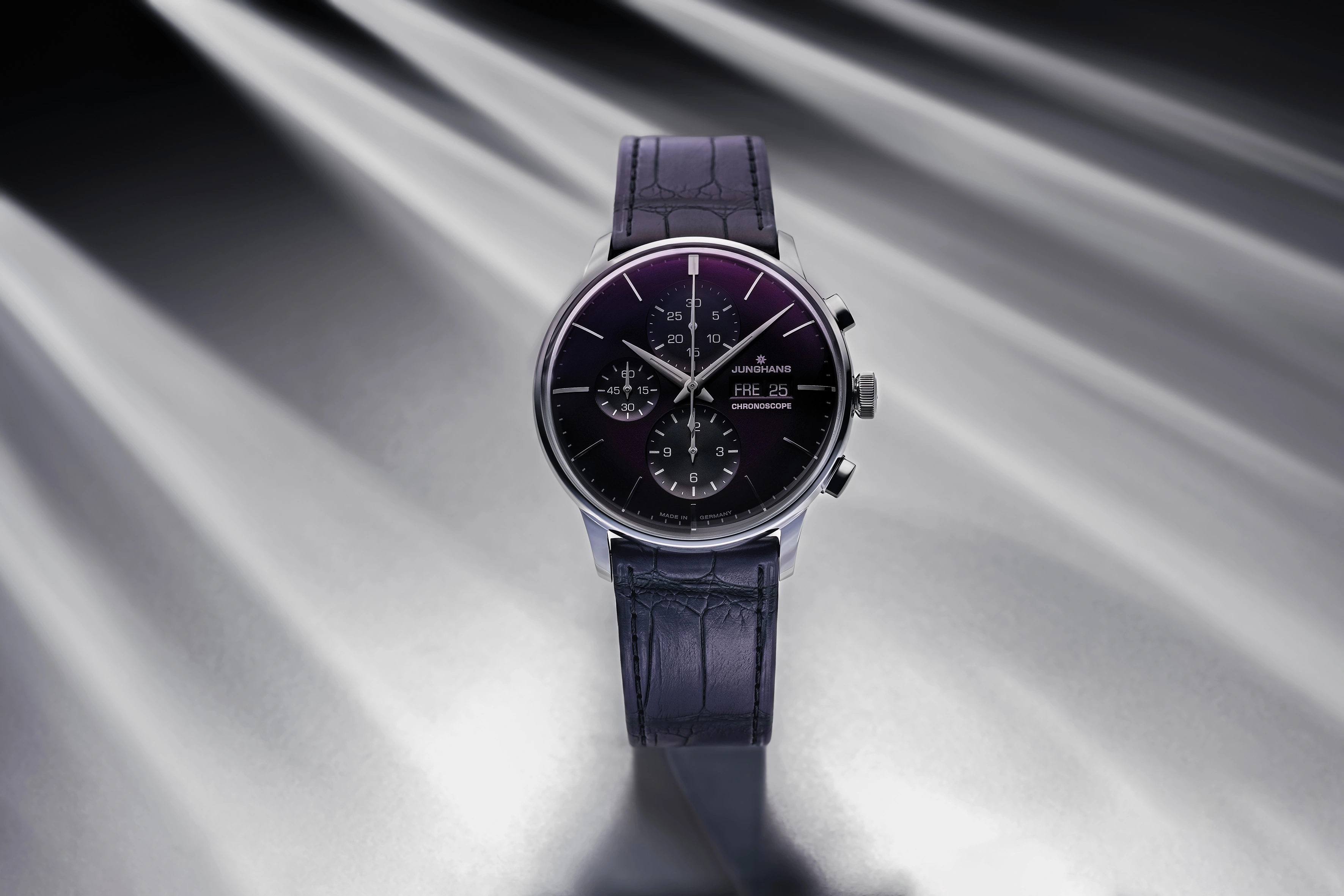 Junghans Meister Chronoscope limited edition with dark violet dial and alligator leather strap