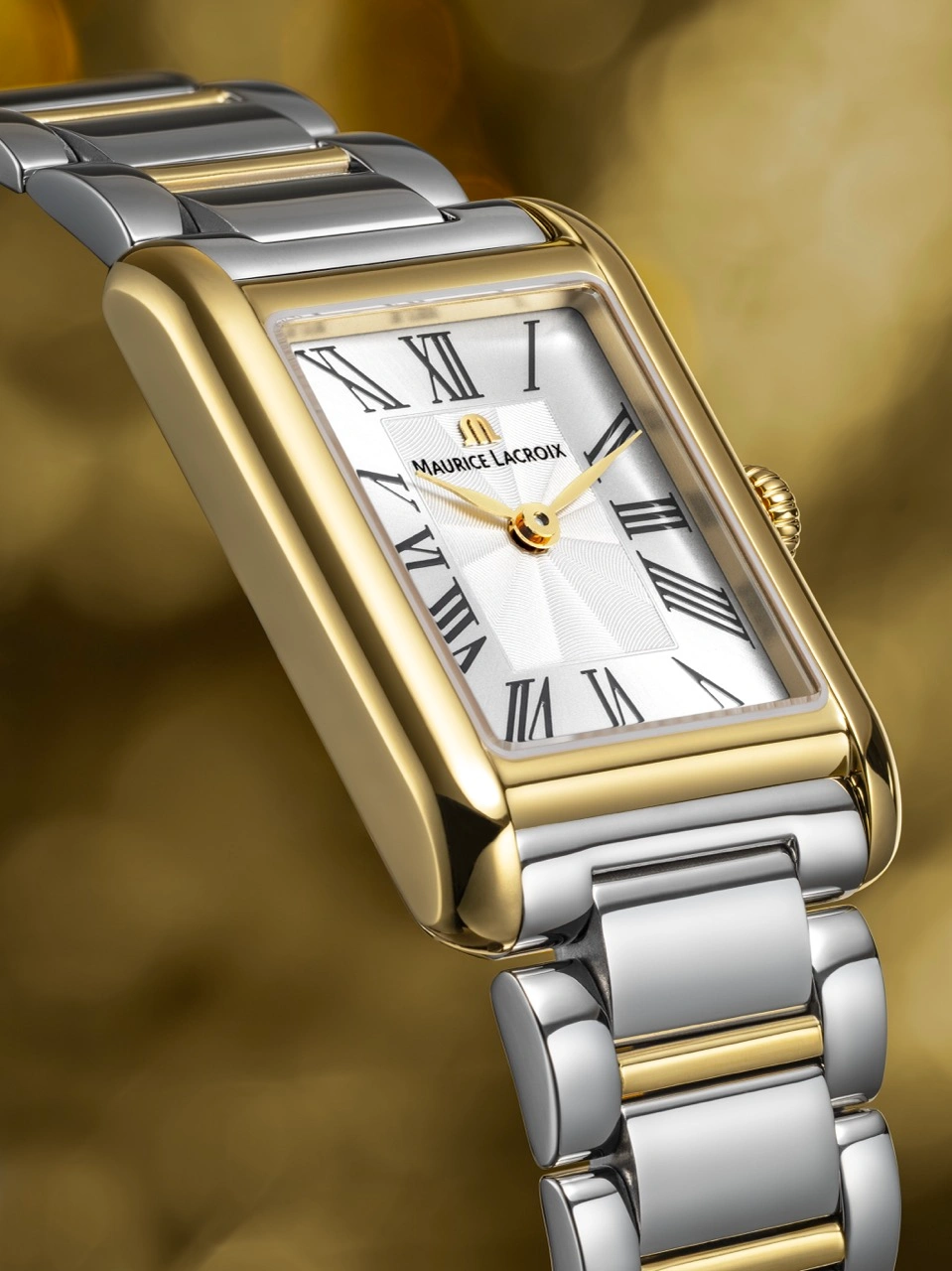 Close up of Maurice Lacroix FIABA Square with white mother of pearl dial on coloured leather straps