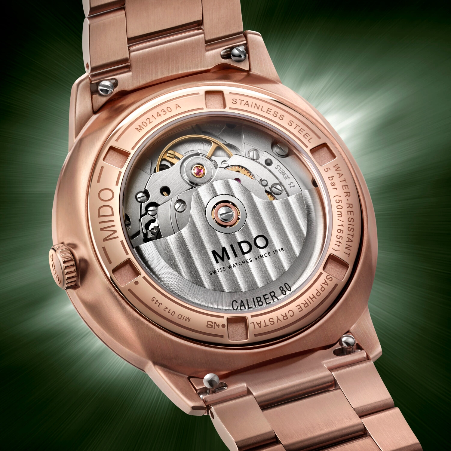 Transparent case back of the MIDO Commander Datoday showcasing the Caliber 80 movement