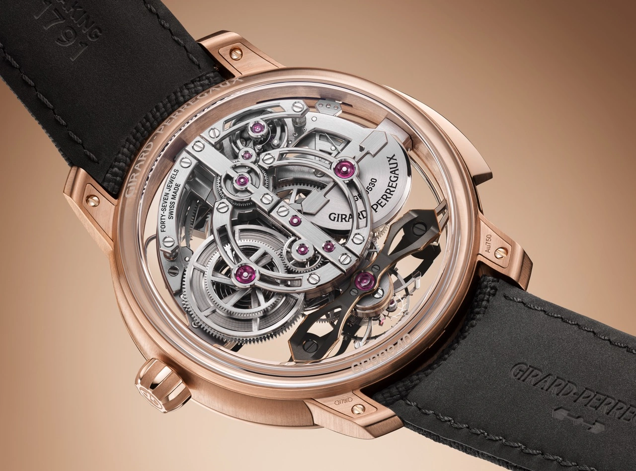 Side view of the Girard-Perregaux Minute Repeater Flying Bridges highlighting the pink gold case and sapphire crystal