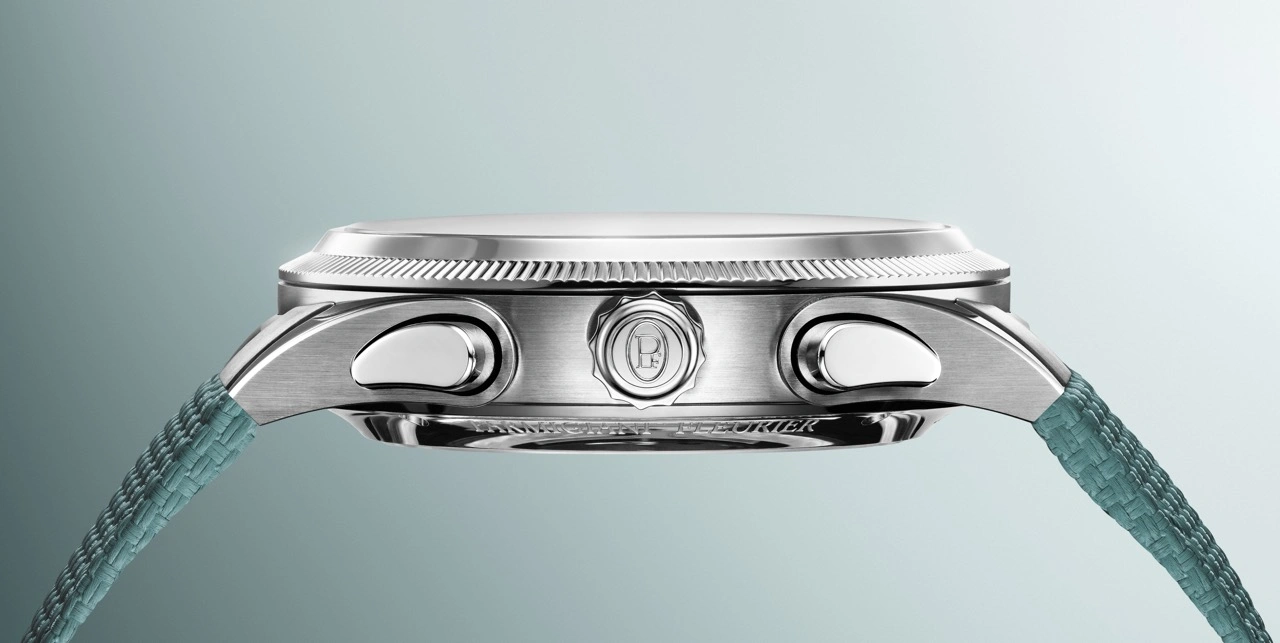 Side profile of the Parmigiani Fleurier Tonda PF Sport Chronograph Steel Silver Verzasca highlighting knurled bezel and case finishing