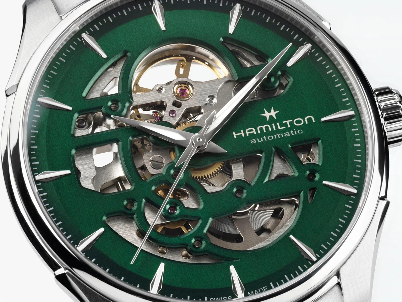 Hamilton Jazzmaster Skeleton 40mm in Empire Green on brown leather strap showing open-worked dial