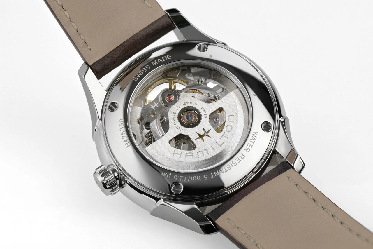 Close-up of the Hamilton Jazzmaster Skeleton 40mm Empire Green dial revealing the H-10-S skeletonized automatic movement