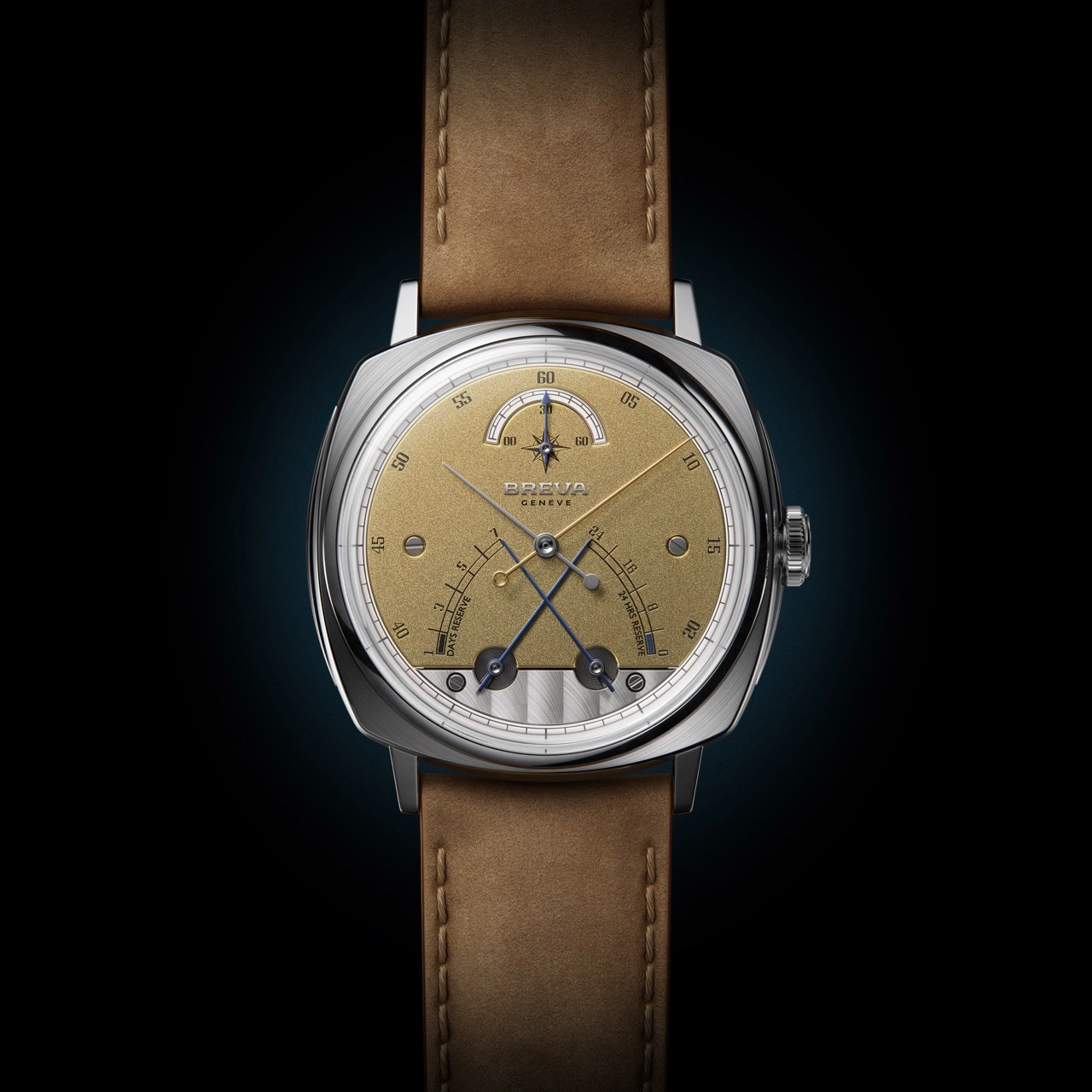 Rear and profile views of the BREVA GENEVE Segreto di Lario Meridian Gold titanium cushion-shaped case