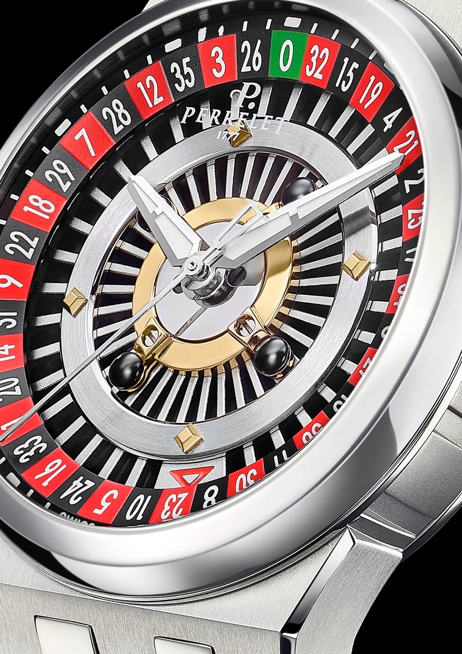 Perrelet Turbine Casino Roulette showing roulette-inspired turbine dial and titanium bracelet