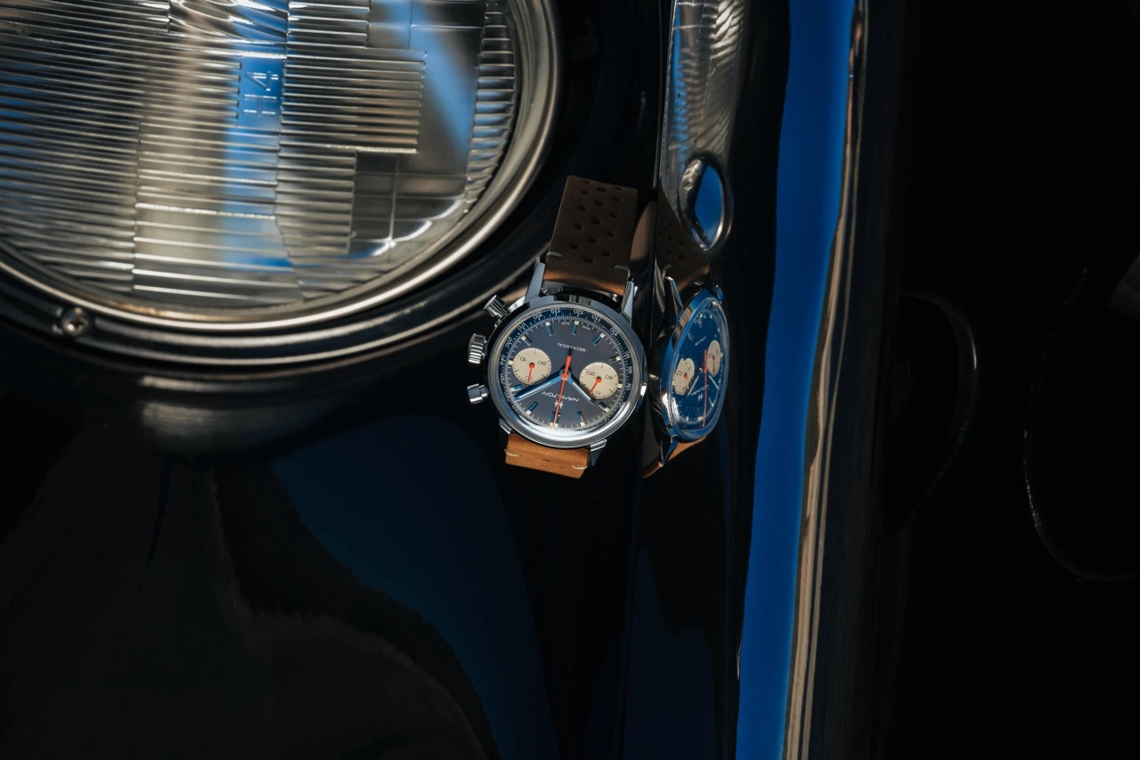 Hamilton American Classic Chronograph H blue and orange dial on brown nubuck strap