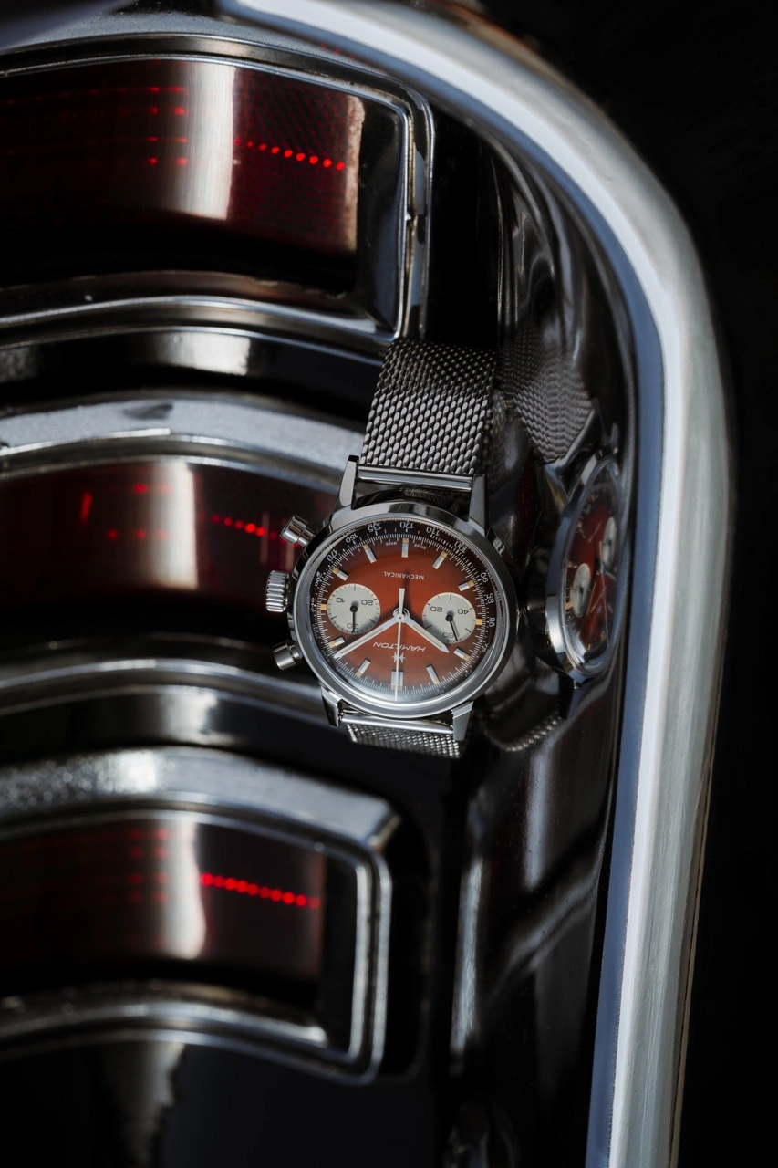 Hamilton American Classic Chronograph H with warm Brown smoky dial on leather strap