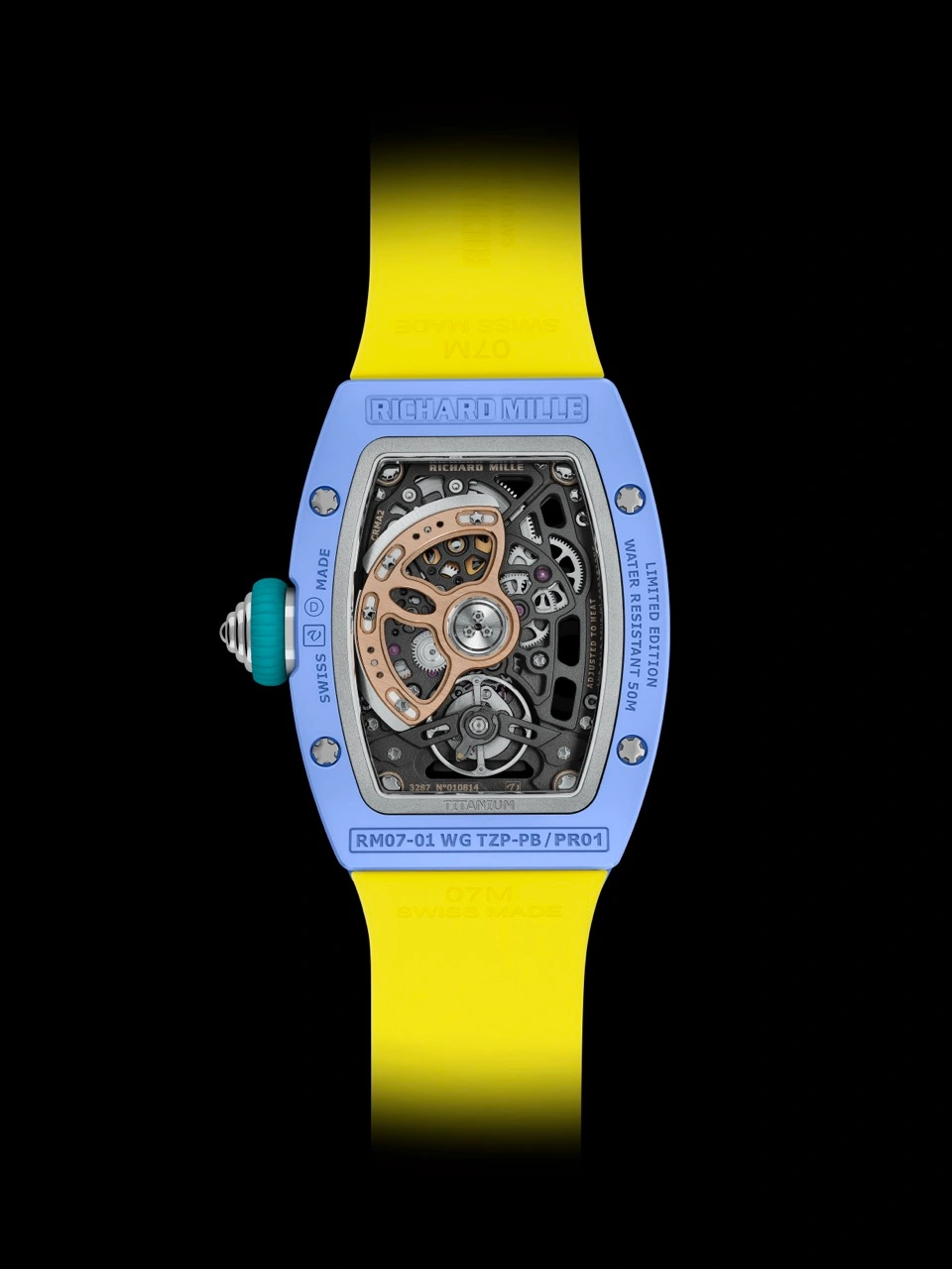 Close-up of Richard Mille RM 07-01 Coloured Ceramics dial highlighting guillochage, coloured ceramic details and diamond-set components