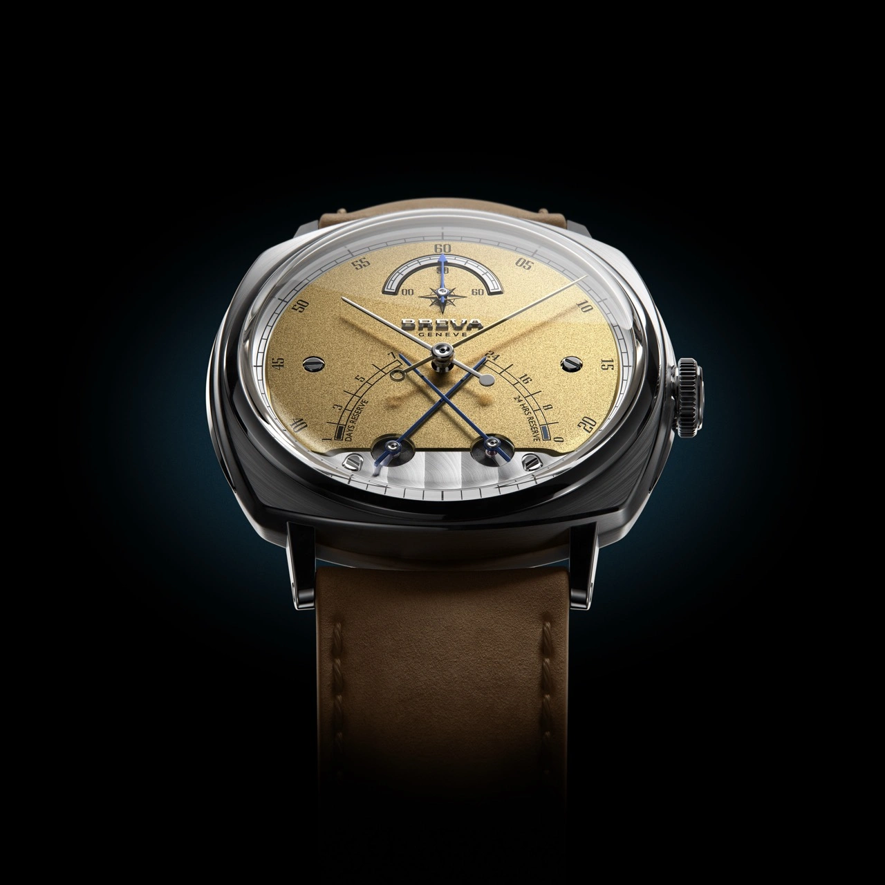 Close-up of the BREVA GENEVE Segreto di Lario Meridian Gold triple retrograde display and textured dial