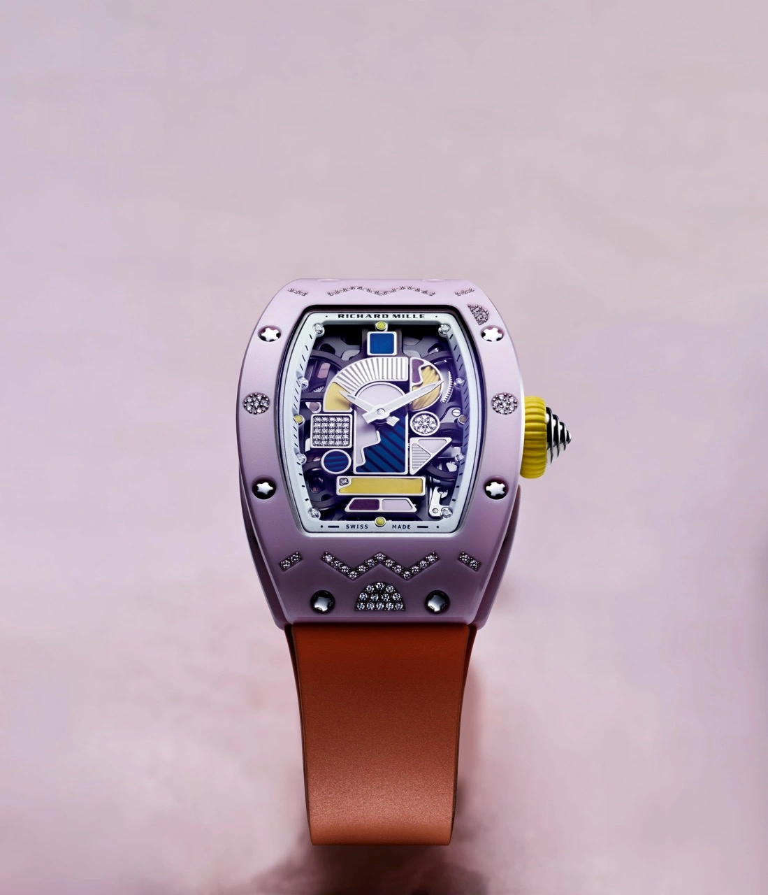 Richard Mille RM 07-01 Coloured Ceramics 2026 models showcasing blush pink, lavender pink and powder blue TZP cases with gem-set bezels